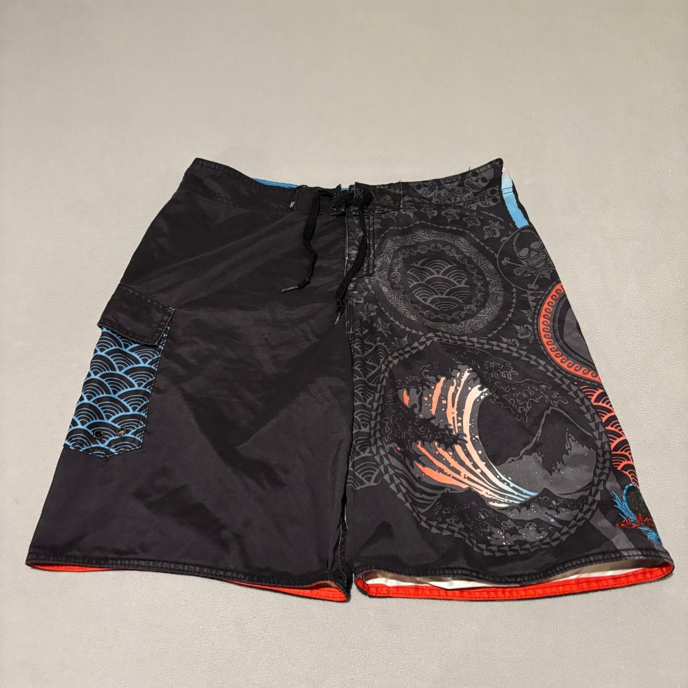 Quiksilver Mens Board Shorts Size 36 Black Graphic Wave Skull Surf Trunks